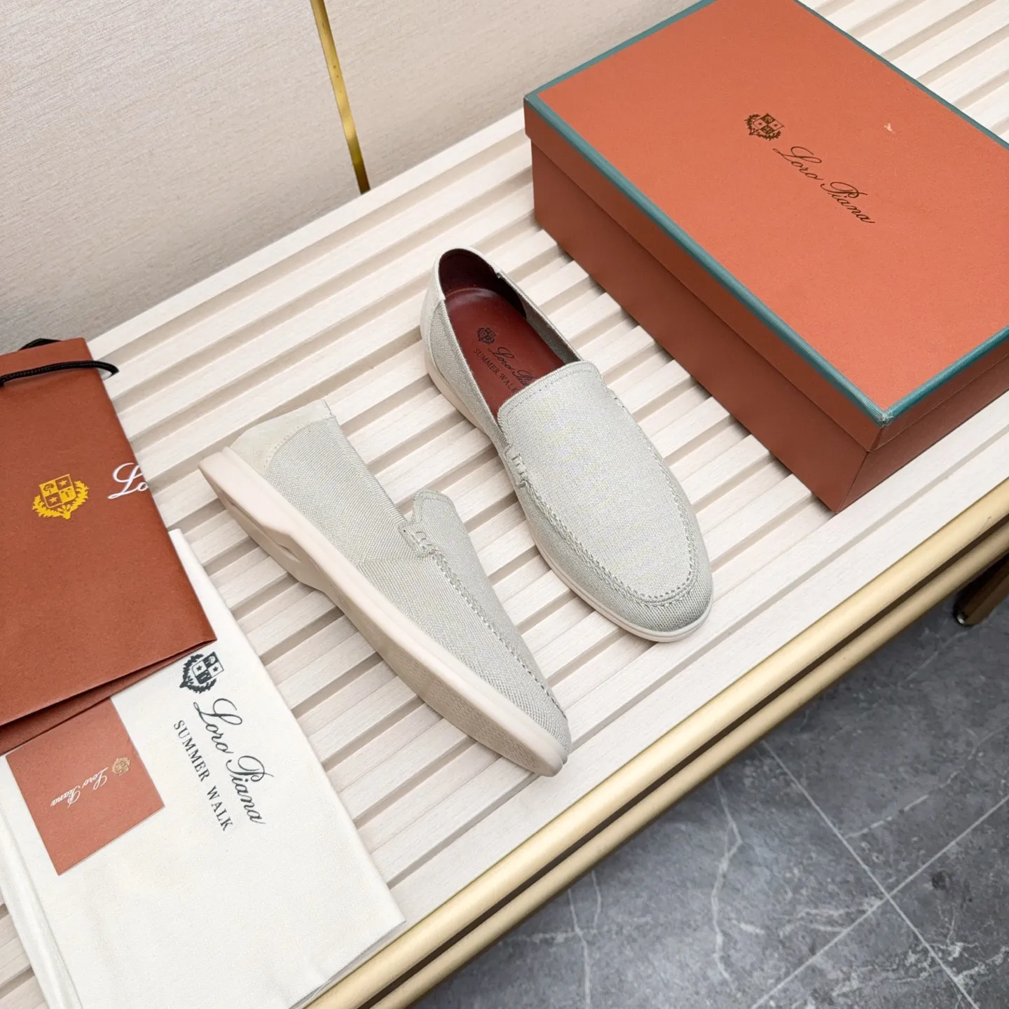 Men's Men's Shoes 💰400 Loro PIana moccasins are made of wish wool fabric. The upper is made of knitted fabric, made on a loom, and then attached to a rubber sole. The Rain System's water-repellent treatment enhances the shoe's functional design, while the suede details give the shoe a sense of elegance and sophistication. Made from Wish, fine wool from Australian and New Zealand Merino sheep